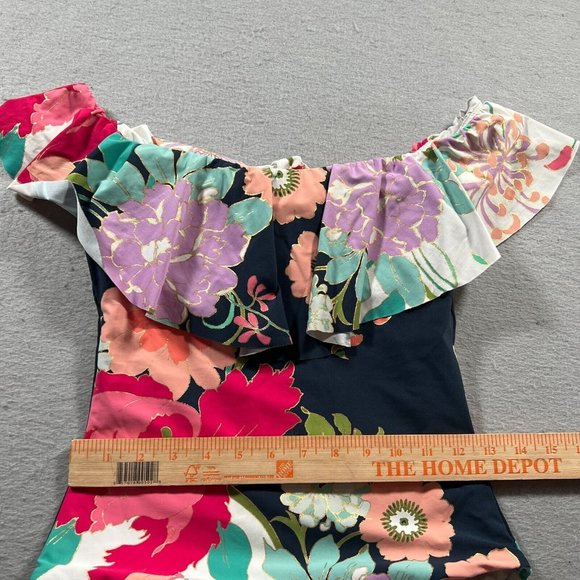 Trina Turk Swimsuit Womens 6 Blue Pink Off The Shoulder Royal Botanical Print - Picture 4 of 16